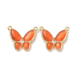 Orange Red Cat Eye Pendants, Butterfly Charm, with Brass Clear Cubic Zirconia, Cadmium Free & Lead Free, Real 18K Gold Plated, Orange Red, 17x20.5x4mm, Hole: 1.2mm
