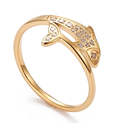 Oro 304 anillos de dedo del acero inoxidable, con un claro zirconia cúbico, pescado, dorado, tamaño de 6~9, 16.5~18.9 mm