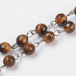 Tiger Eye Natural Tiger Eye Handmade Beaded Chains, Unwelded, with Platinum Plated Iron Eye Pin, Faceted Round, 14x6~7mm, 39.37 inch(1m)/strand, about 83pcs/m