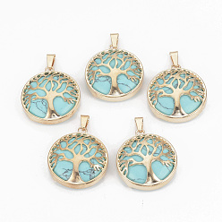 Synthetic Turquoise Synthetic Turquoise Pendants, with Brass Findings, Flat Round with Tree of Life, Dyed, Golden, 30.5x27x8mm, Hole: 7x3mm