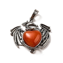 Red Aventurine Natural Red Aventurine Heart Pendants, Dragon Charms, with Rack Plating Antique Silver Plated Brass Findings, Lead Free & Cadmium Free, 33x33.5~34x7~7.5mm, Hole: 8x5mm