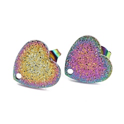 Rainbow Color Ion Plating(IP) 304 Stainless Steel Stud Earring Findings, with Ear Nuts/Earring Backs and Hole, Heart Shape with Textured, Rainbow Color, 12x13x1mm, Pin: 0.8mm