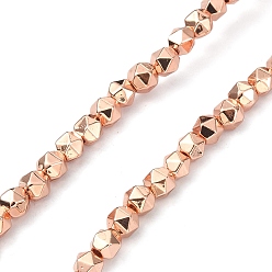 Rose Gold Plated Synthetic Non-magnetic Hematite Beads Strands, Long-Lasting Plated, Faceted, Polygon, Rose Gold Plated, 3.5~4x3.5~4x3.5~4mm, Hole: 0.9~1mm, about 100~102pcs/strand, 15.35~15.75 inch(39~40cm)