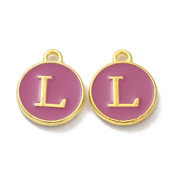 Letter L Golden Plated Alloy Enamel Charms, Cadmium Free & Lead Free, Enamelled Sequins, Flamingo, Flat Round with Letter, Letter.L, 14x12x2mm, Hole: 1.4mm