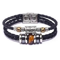 Tiger Eye Leather Multi-strand Bracelets, with Tiger Eye, Synthetic Hematite, Alloy Findings and Stainless Steel Clasps, 8-1/8 inch(20.5cm), 13mm