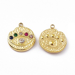 Colorful Vacuum Plating 201 Stainless Steel Pendants, with Rhinestone, Real 18K Gold Plated, Flat Round with Eye Charms, Colorful, 16x14x2.6mm, Hole: 1.5mm