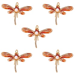 Orange Red 5Pcs Eco-Friendly Brass Micro Pave Cubic Zirconia Pendants, Long-Lasting Plated, Lead Free & Cadmium Free & Nickel Free, Real 18K Gold Plated, Dragonfly, Orange Red, 23x35x6mm, Jump Ring: 5x0.5mm, 3mm Inner Diameter