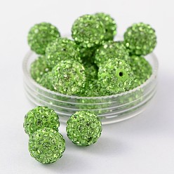 Péridot Perles de boule pave disco , Perles de strass d'argile polymère , Grade a, ronde, péridot, pp 14 (2~2.1 mm), 10 mm, Trou: 1.0~1.2mm