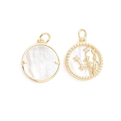 Virgo Brass Micro Pave Cubic Zirconia Pendants, with Natural Shell and Jump Ring, Flat Round with Twelve Constellations, Golden, Virgo, 17.5x15x2.5mm, Hole: 3.5mm