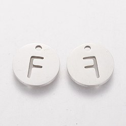 Letter F 201 Stainless Steel Charms, Flat Round with Letter, Stainless Steel Color, Letter.F, 12x1mm, Hole: 1.5mm