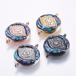 Mixed Color Brass Micro Pave Cubic Zirconia Links, with Abalone Shell/Paua Shell, Evil Eye, Mixed Color, 19~20x14.5x4mm, Hole: 1mm