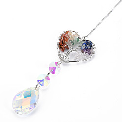 Mixed Stone Natural Mixed Gemstone Big Pendants, with Platinum Brass Chain Extender and Findings, Plating Glass Teardrop & Flower, Clear AB Color, Heart with Tree of Life, 130mm, Hole: 4mm