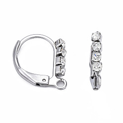 Stainless Steel Color 304 Stainless Steel Leverback Earring Findings, with Clear Cubic Zirconia and Horizontal Loop, Stainless Steel Color, 14x12mm, Hole: 1.5mm, Pin: 0.7mm