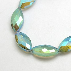 Sea Green Electroplate Crystal Glass Horse Eye Beads Strands, Faceted, Rainbow Color Plated, Sea Green, 25x12x8mm, Hole: 1mm, about 30pcs/strand, 29.5 inch