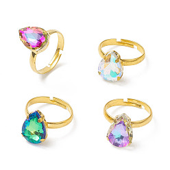 Mixed Color Glass Rhinestone Adjustable Rings, Brass Jewelry for Women, Teardrop, Mixed Color, US Size 7 3/4(17.9mm)