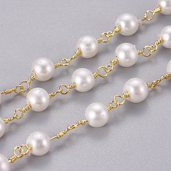 Floral Blanca Cadenas de cuentas de perlas imitaion acrílicas hechas a mano, sin soldar, con fornituras de latón, larga duración plateado, rondo, con carrete, blanco floral, dorado, 14~14.5x6.5 mm