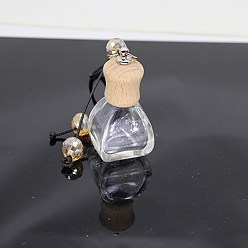 Cuadrado Colgantes de botellas de perfume de vidrio vacío, botella difusora de aceite esencial de fragancia de aromaterapia, con cordón color café, decoración colgante de coche, con tapa de madera, plaza, 4.38x3.7 cm
