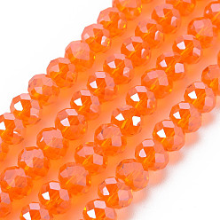 Coral Electroplate Glass Beads Strands, Pearl Luster Plated, Faceted, Rondelle, Coral, 8x6mm, Hole: 1mm, about 65~72pcs/strand, 15.7~16.1 inch(40~41cm)