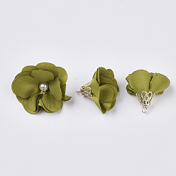 Olive Handmade Cloth Pendant Decorations, with Alloy Findings, Flower, Olive, 24~26x24~25mm, Hole: 2mm