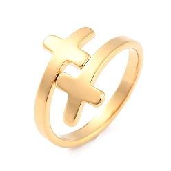 Golden Ion Plating(IP) 304 Stainless Steel Cross Cuff Ring, Wide Open Ring for Women, Golden, US Size 5~10(15.7~21.4mm)