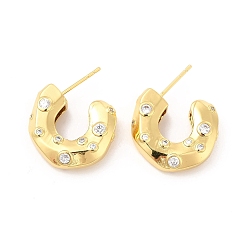 Clear Cubic Zirconia C-shap Stud Earrings, Real 18K Gold Plated Half Hoop Earrings for Women, Cadmium Free & Lead Free, Clear, 20x6mm, Pin: 0.9mm