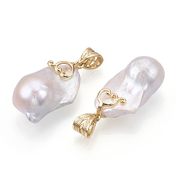 Real 18K Gold Plated Natural Baroque Pearl Keshi Pearl Pendants, Brass Nuggets Charms with Snap On Bails, Lead Free & Nickel Free & Cadmium Free, Long-Lasting Plated, Real 18K Gold Plated, 31.5~40x16~21x14~17.5mm, Hole: 8x5mm