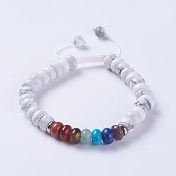 Howlite Nylon réglable bracelets cordon tressé de perles, avec des perles howlite naturelles et des résultats en alliage, 2-1/8 pouces ~ 2-3/4 pouces (5.3~7.1 cm)