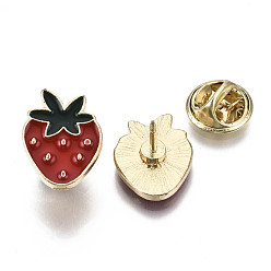 Roja Broche de la aleación, pin de esmalte, con embragues de mariposa de latón, fresa, la luz de oro, rojo, 16.5x13x2 mm, pin: 1 mm