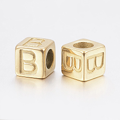 Золотой 304 нержавеющая сталь большой отверстие письмо европейский бисер, горизонтальное отверстие, куб с letter.b, золотые, 8x8x8 мм, отверстие : 5 мм