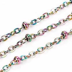 Rainbow Color Placage ionique (ip) 304 chaînes porte-câbles en acier inoxydable, avec des perles et une bobine, soudé, chaîne satellite, couleur arc en ciel, 1.5x1.5x1mm, environ 32.8 pieds (10 m)/rouleau