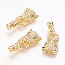 Golden Brass Micro Pave Cubic Zirconia Fold Over Clasps, Leopard, Real 18K Gold Plated, 32mm, Inner diameter: 4mm
