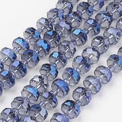 AceroAzul Abalorios de vidrio electrochapa, chapado en arco iris , facetados, plano y redondo, acero azul, 7.5~8 mm, agujero: 1 mm, sobre 50 unidades / cadena, 13.7 pulgada (35 cm)