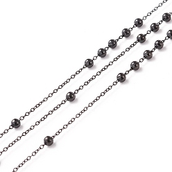 Electrophoresis Black Placage ionique (ip) 304 chaînes satellites en acier inoxydable, chaînes forçat avec perles rondes, soudé, avec bobine, électrophorèse noir, lien: 1x1x0.2 mm, perles: 3 mm, environ 32.8 pieds (10 m)/rouleau