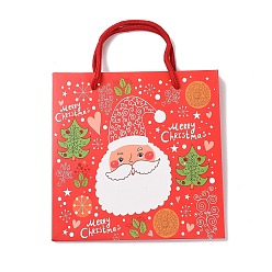 Square Christmas Santa Claus Print Paper Gift Bags with Nylon Cord Handle, Red, Square, 19.9x19.9x0.5cm, Unfold: 19.9x8.1x19.9cm
