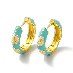 Dark Turquoise Daisy Flower Enamel Hoop Earrings, Real 18K Gold Plated Brass Jewelry for Women, Lead Free & Cadmium Free, Dark Turquoise, 19x4.5x19.5mm, Pin: 1mm