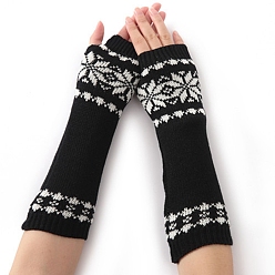 Noir Fil de fibre de polyacrylonitrile tricotant de longs gants sans doigts, manchette, gants chauds d'hiver avec trou pour le pouce, motif de fleur, noir et blanc, 320x80mm