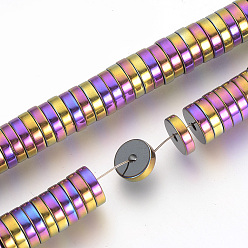 Multi-color Plateada Galvanoplastia perlas de hematita sintéticas no magnéticas espaciadores hilos, perlas heishi, Disco redondo plano, multi-color de chapado, 4x2 mm, agujero: 1 mm, sobre 200 unidades / cadena, 15.7 pulgada