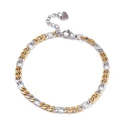 Golden & Stainless Steel Color Vacuum Plating 304 Stainless Steel Figaro Chain Bracelets, with Lobster Claw Clasps, Golden & Stainless Steel Color, 7-3/8 inch(18.8cm)