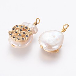 Cancer Natural Cultured Freshwater Pearl Pendants, with Brass Micro Pave Cubic Zirconia Findings, Nuggets with Constellation, Golden, Marine Blue, Cancer, 17~22x11~16x5~11mm, Hole: 1.6mm