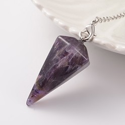 Amethyst Platinum Tone Brass Amethyst Cone Hexagonal Pointed Dowsing Pendulums, with Lobster Claw Clasps, 230x3mm