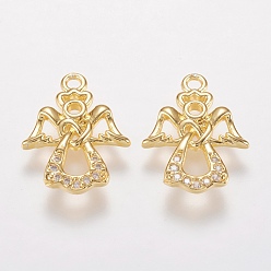 Golden Brass Micro Pave Cubic Zirconia Charms, Angel Pendants, Golden, 17x12.5x1.5mm, Hole: 1.5mm