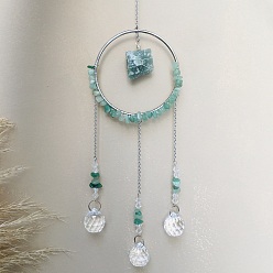 Green Aventurine Glass Pendant Decoration, Suncatchers, with Metal Findings, Natural Green Aventurine, 400x90mm