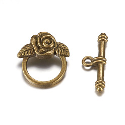 Antique Bronze Tibetan Style Toggle Clasps, Lead Free & Cadmium Free, Antique Bronze, Flower: 18x19mm, Bar: 4x24mm, Hole: 2mm