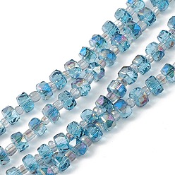 Bleu Ciel Foncé Transparentes perles de verre de galvanoplastie brins, facette, rondelle, demi arc-en-ciel plaqué, bleu profond du ciel, 5.5x3.5~4mm, Trou: 1mm, Environ 100 pcs/chapelet, 21.65~22.05 pouce (55~56 cm)