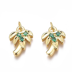 Real 18K Gold Plated Brass Micro Pave Green Cubic Zirconia Charms, Long-Lasting Plated, Coconut Tree, Real 18K Gold Plated, 13x9.5x3mm, Hole: 2mm