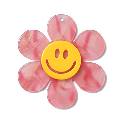 Corail Clair Gros pendentifs en acrylique bicolore, fleur avec le visage souriant, corail lumière, 55x50x4.5mm, Trou: 1.8mm