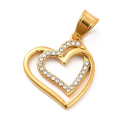 Oro 304 colgantes de acero inoxidable, con diamantes de imitación de cristal, encantos de corazón doble, dorado, 23x21x2.5 mm, agujero: 7x4.5 mm
