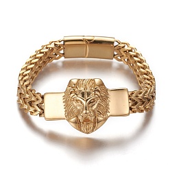 Oro 304 de enlace de acero inoxidable de las pulseras, con cierres magnéticos, cabeza de león, dorado, 8-3/8 pulgada (21.15 cm), 11.5~27.9x5.5~15.8 mm