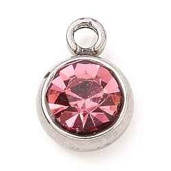 Rosa Claro 304 encantos de acero inoxidable, con diamantes de imitación de acrílico, encantos de piedra de nacimiento, facetados, plano y redondo, color acero inoxidable, rosa luz, 8.2x6x3.5 mm, agujero: 1.2 mm