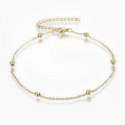 Golden 304 Stainless Steel Anklets, with Lobster Claw Clasps, Round Beads and Cable Chains, Golden, 9 inch(230mm), 1.5mm